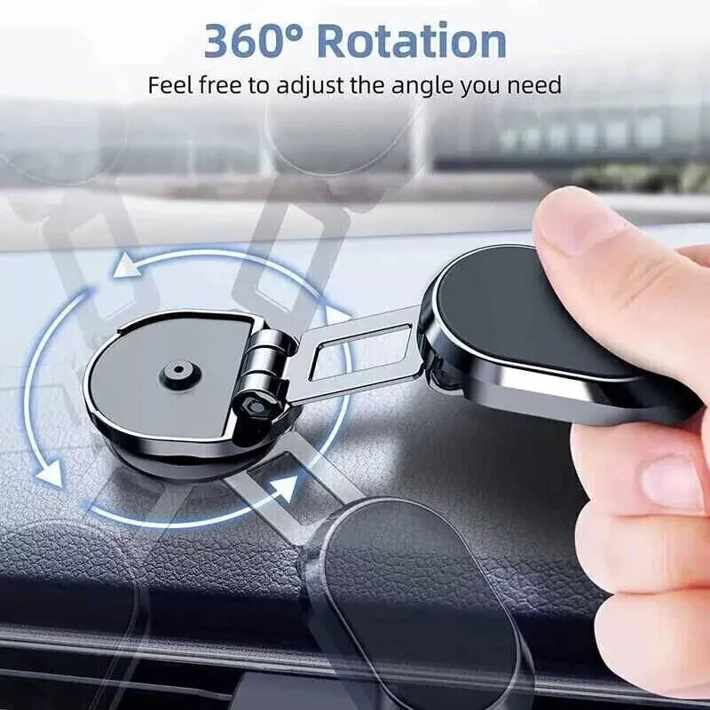 Chrome folding magnetic car phone holder with 360-degree swivel on car dashboard