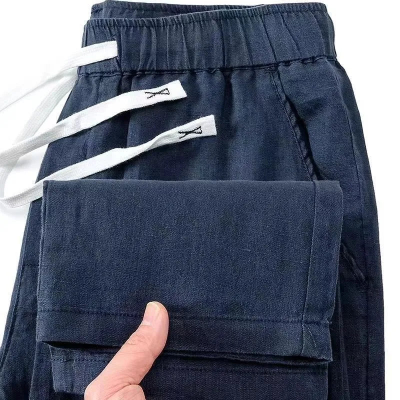 Pure linen Chinese style trousers with elastic drawstring waist in straight leg cut