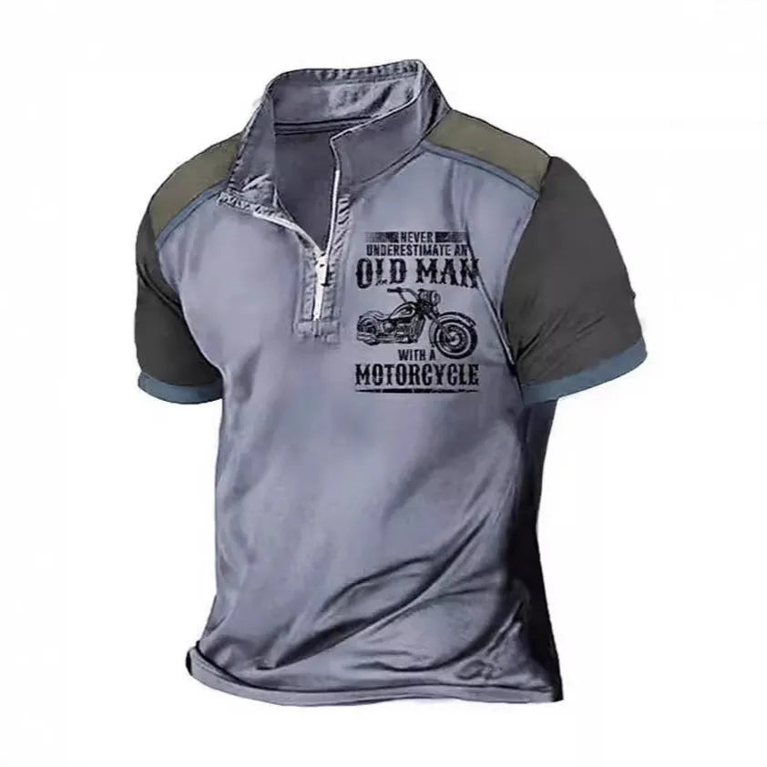 Men's grey casual polo shirt with a lapel collar, short sleeves, and a white digital letter print design on the chest.