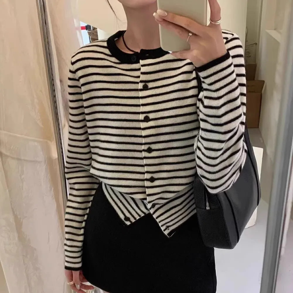 Women's dark grey and white striped slim-fit cardigan coat with short 40cm length.