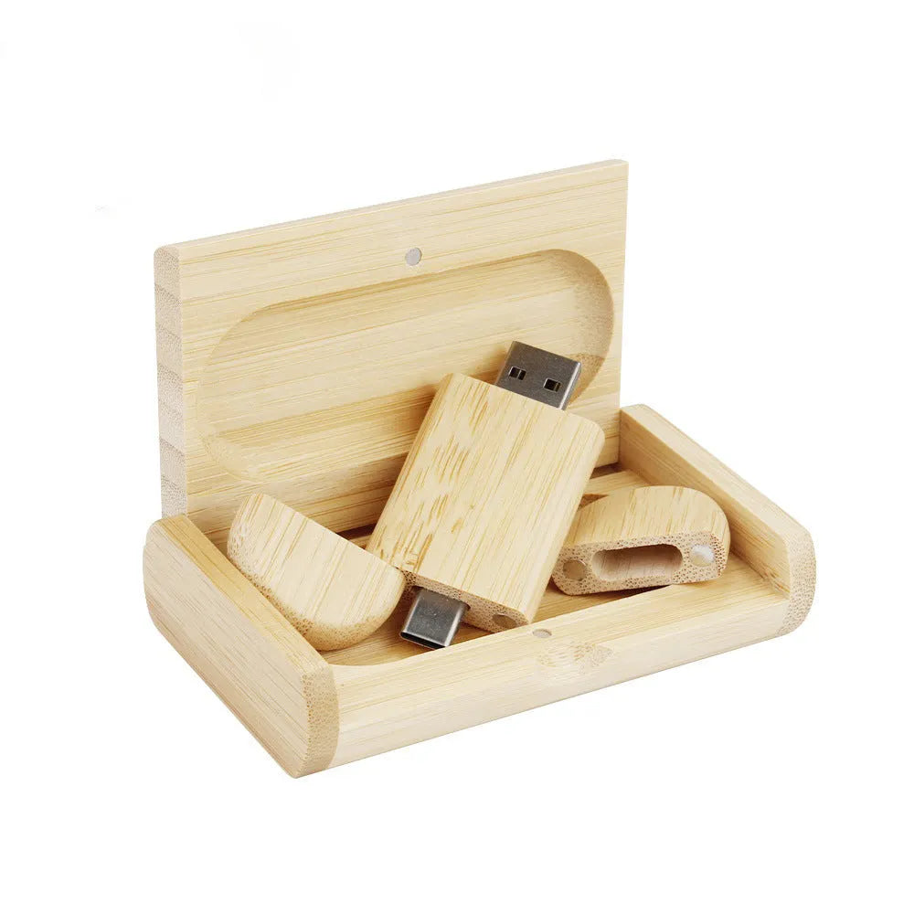 Carved wooden box-shaped USB flash drive with TYPE-C phone connector on display