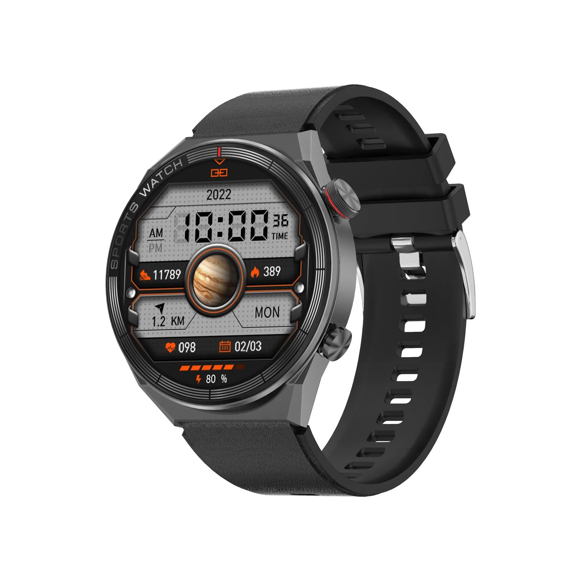 Large screen Bluetooth smart watch with call functionality showing black colour option with leather strap