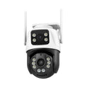 Wireless dual-screen security camera unit for remote home and outdoor monitoring.