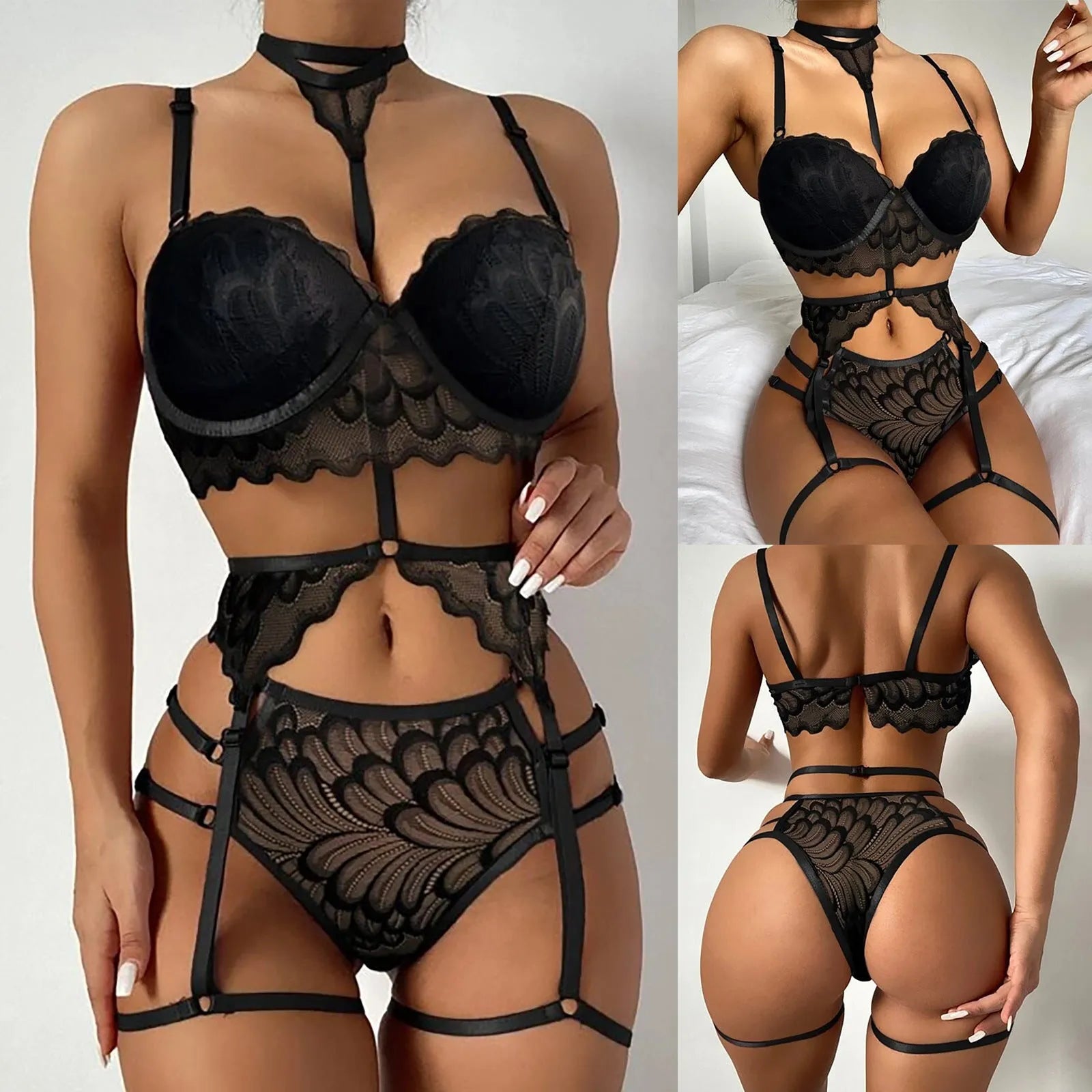 Ladies sequined silver silk nightdress with lace suspenders in black