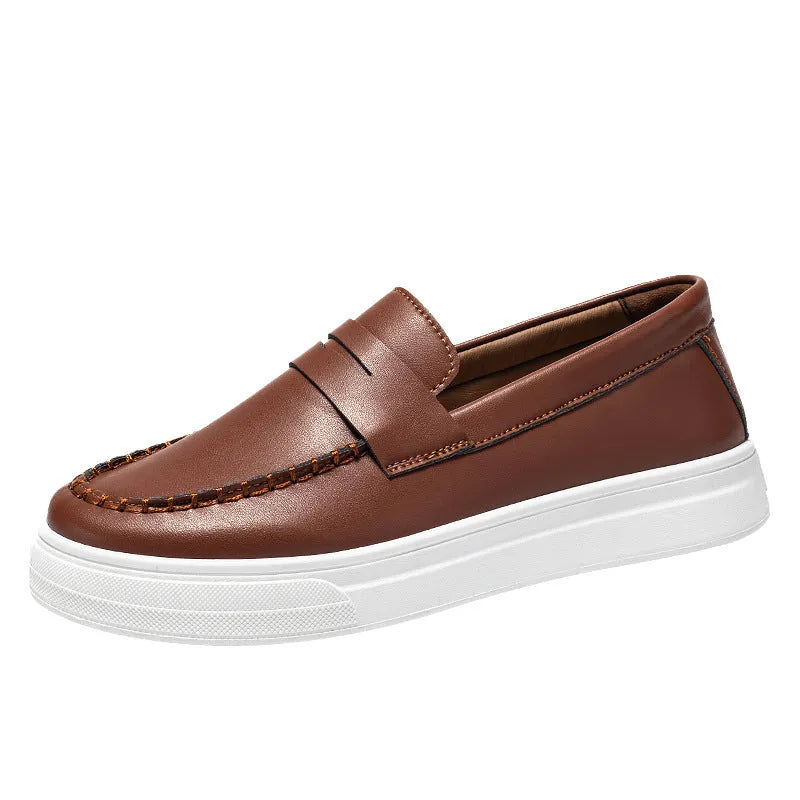 PU leather casual slip-on shoes in round toe design available in white, black and white, and khaki colour options