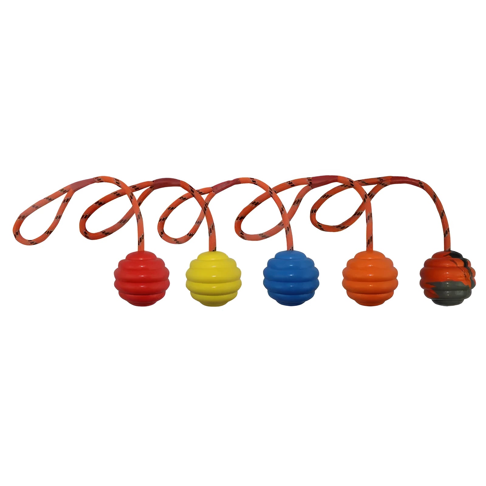 Multi-colour rubber dog ball toy with rope knot handle measuring 6x30cm