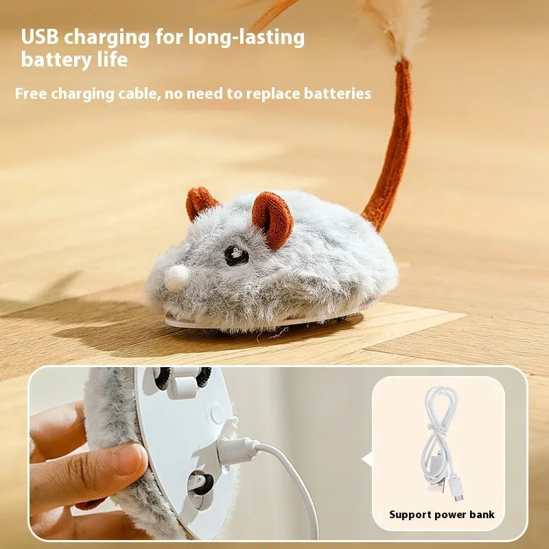 Self-moving electric mouse cat pole toy with plush construction and USB Type-C charging port