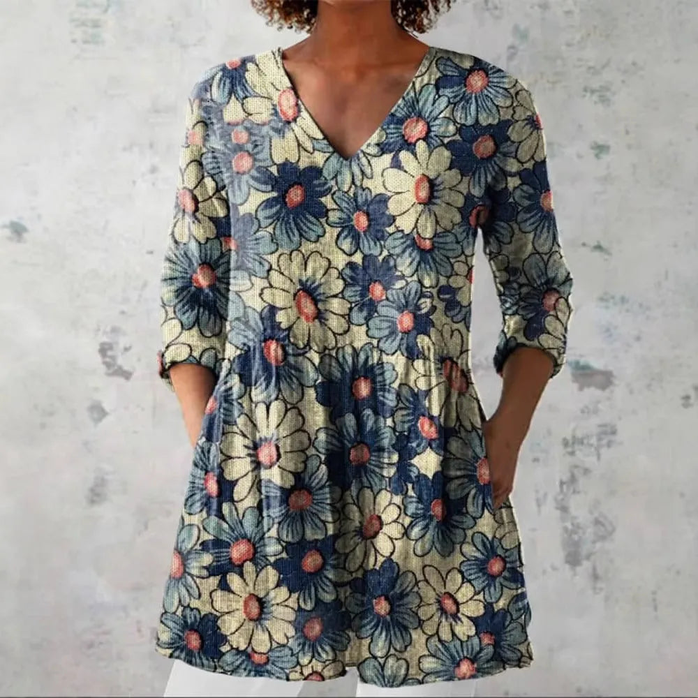 Women's retro-style slim fit printed long-sleeved top in a selection of colours.