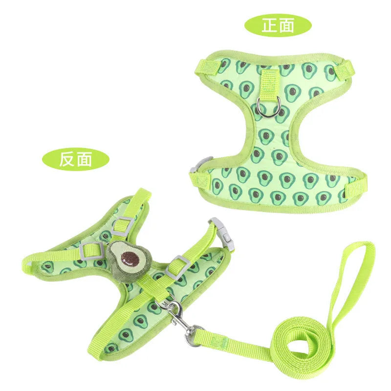 Reflective chest strap vest-style dog walking lead in avocado colour with adjustable handle for small dogs.