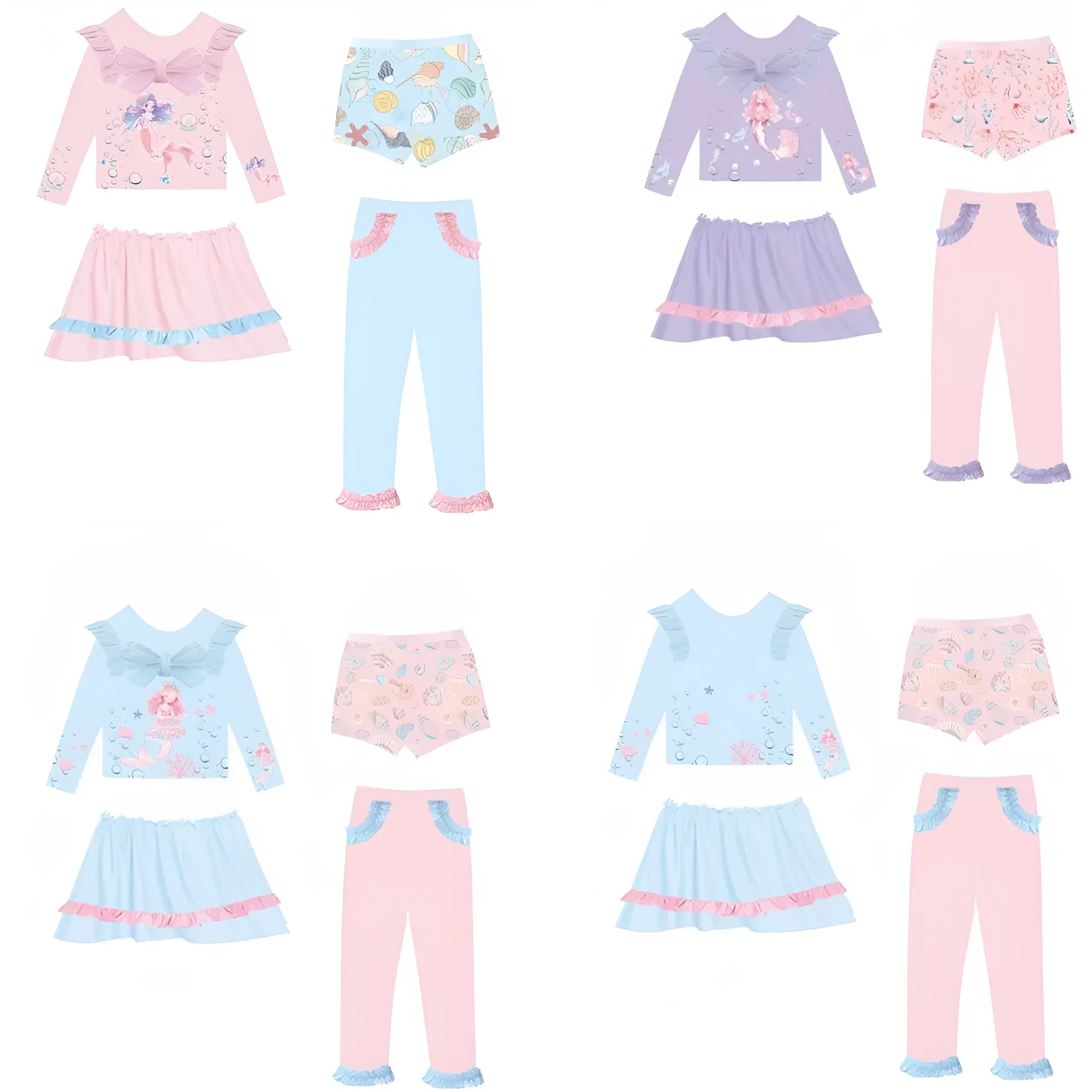 Girl's gilded coloured mermaid swimsuit set with long sleeve top and skirt in Baby Ocean colour