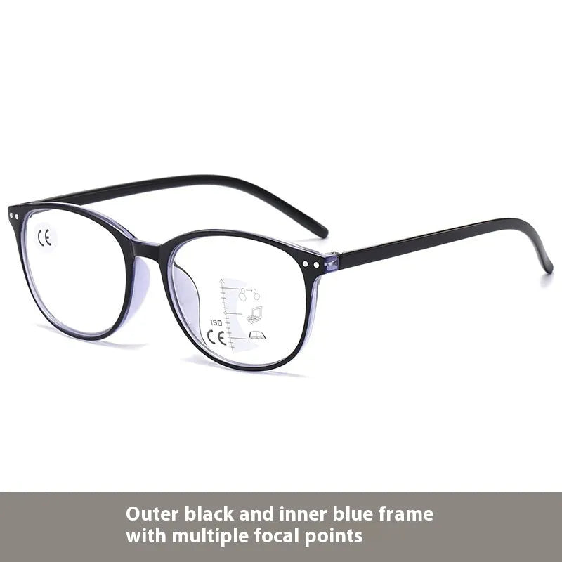 Ultra-light metal frame multi-focus presbyopic glasses for women in a champagne box colour.