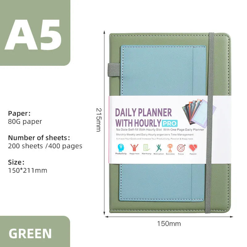 A5 undated notebook with PU cover in purple, open to show thread binding and wood-free paper.