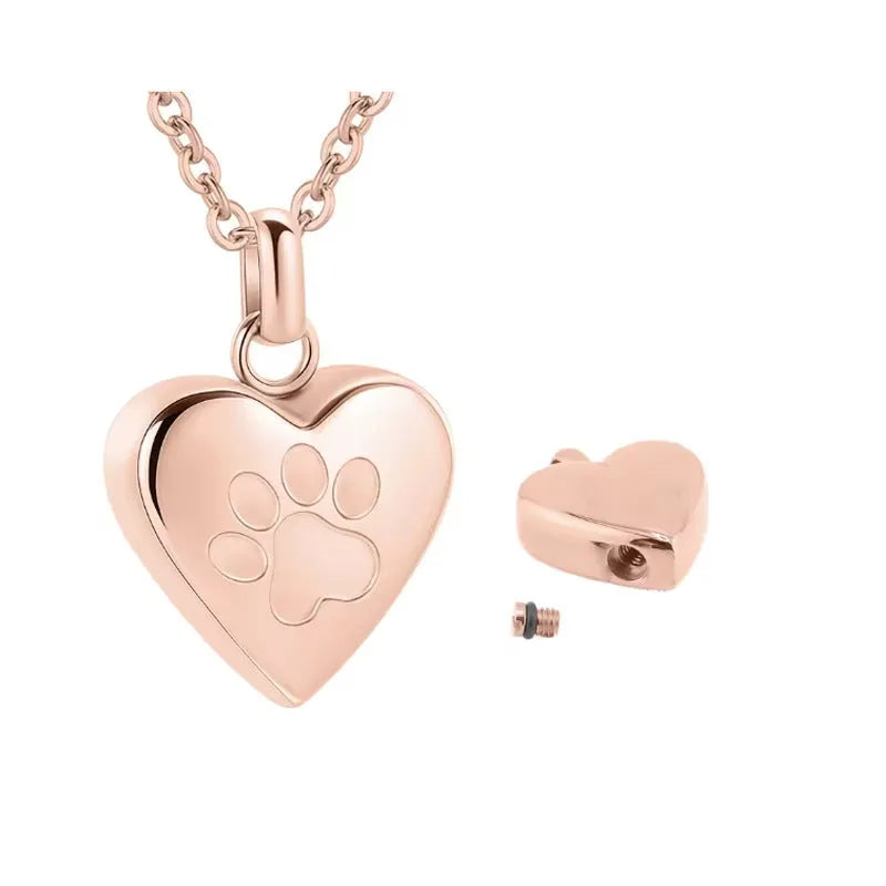Openable heart-shaped titanium steel cinerary necklace with love paw print design in five colour options.