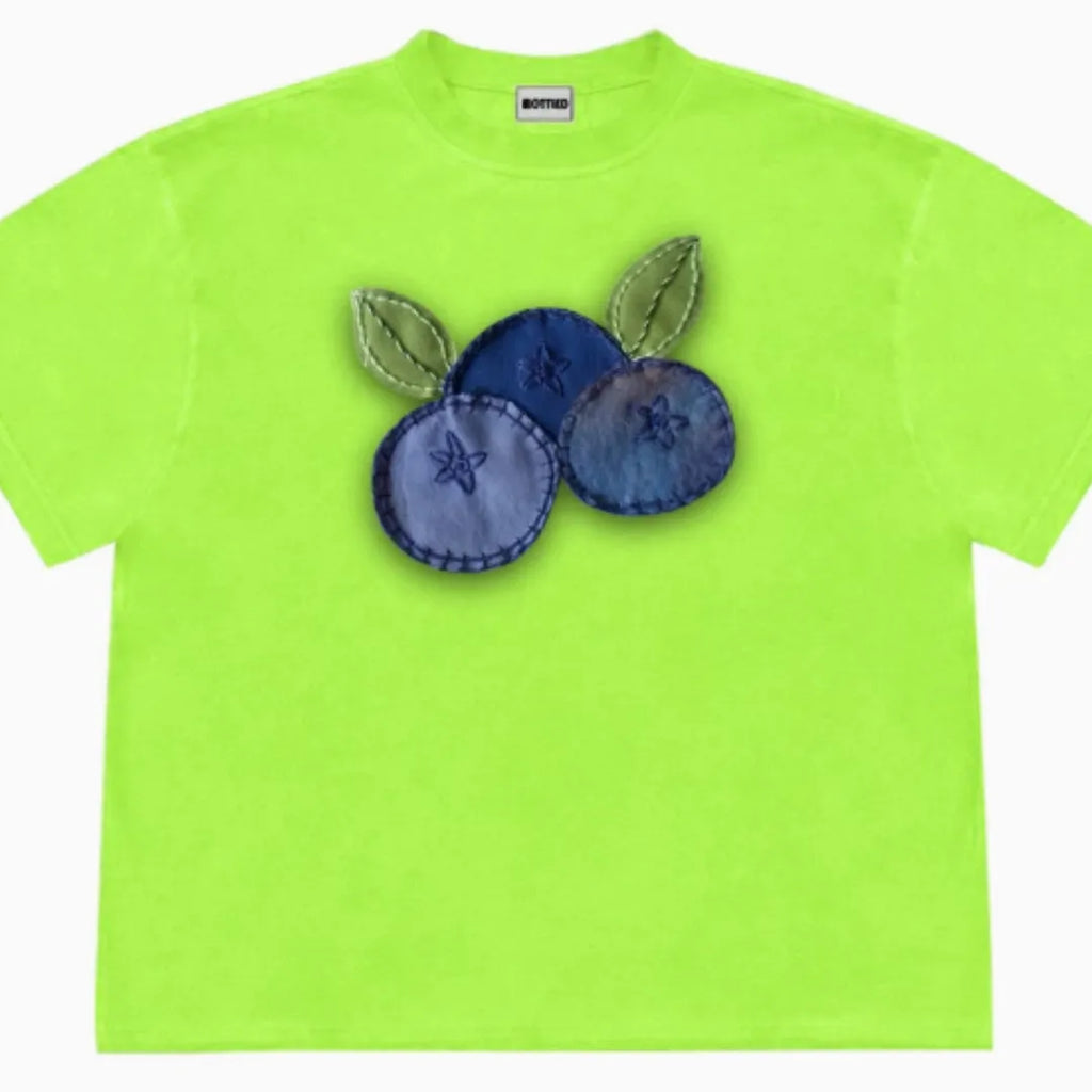 Blueberry patchwork style T-shirt with fruit print design in ice oxygen cotton material