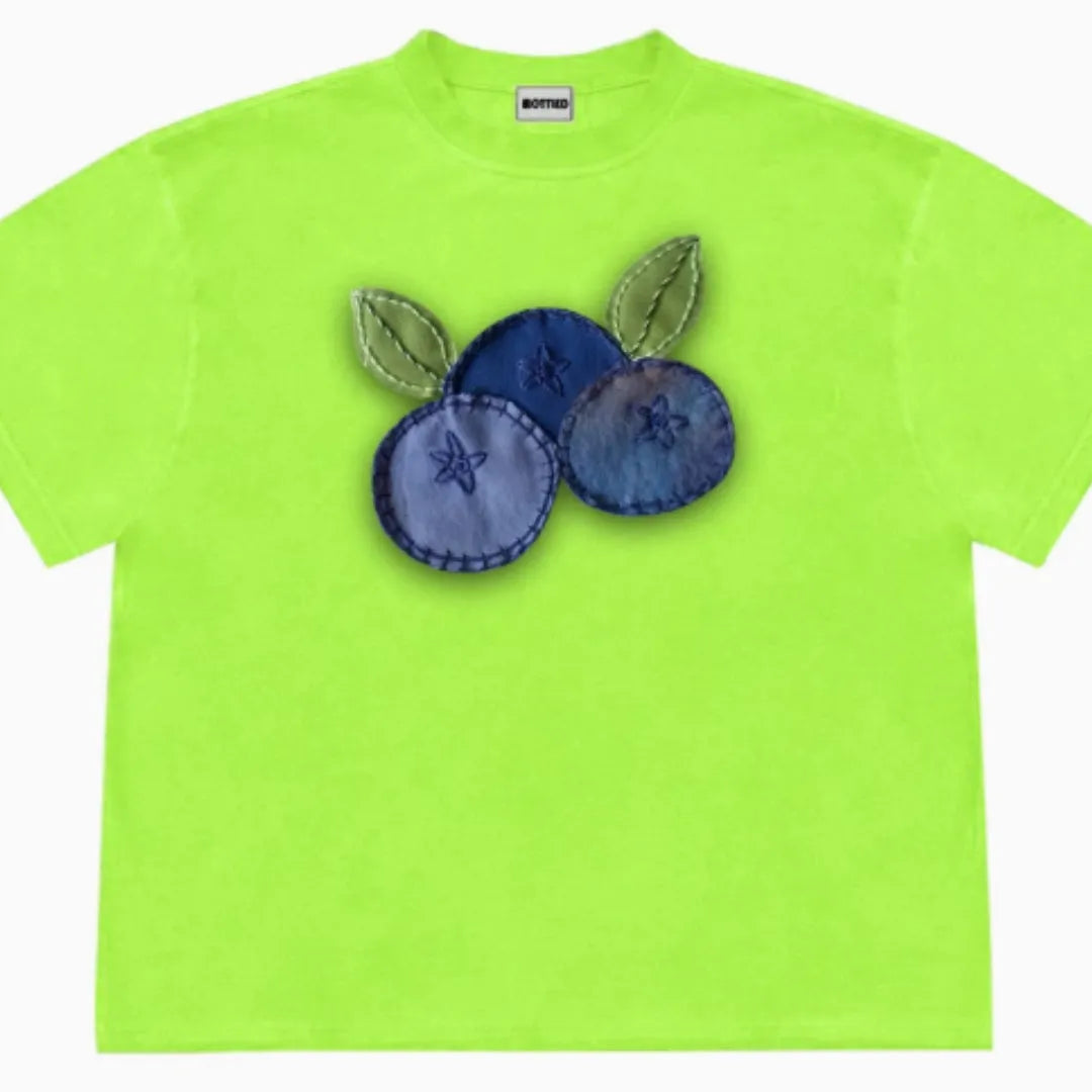 Blueberry patchwork style T-shirt with fruit print design in ice oxygen cotton material
