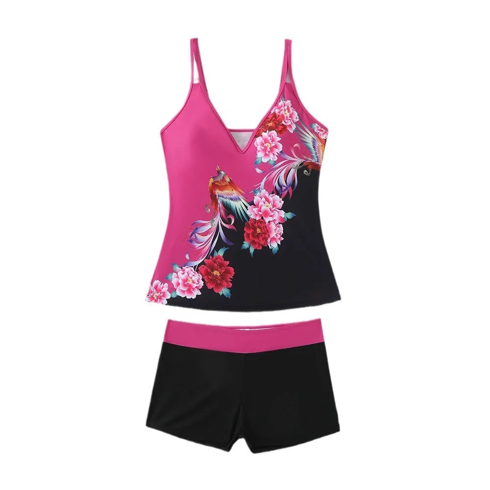 Women's plus size two-piece swimsuit in black or rose red with briefs style design