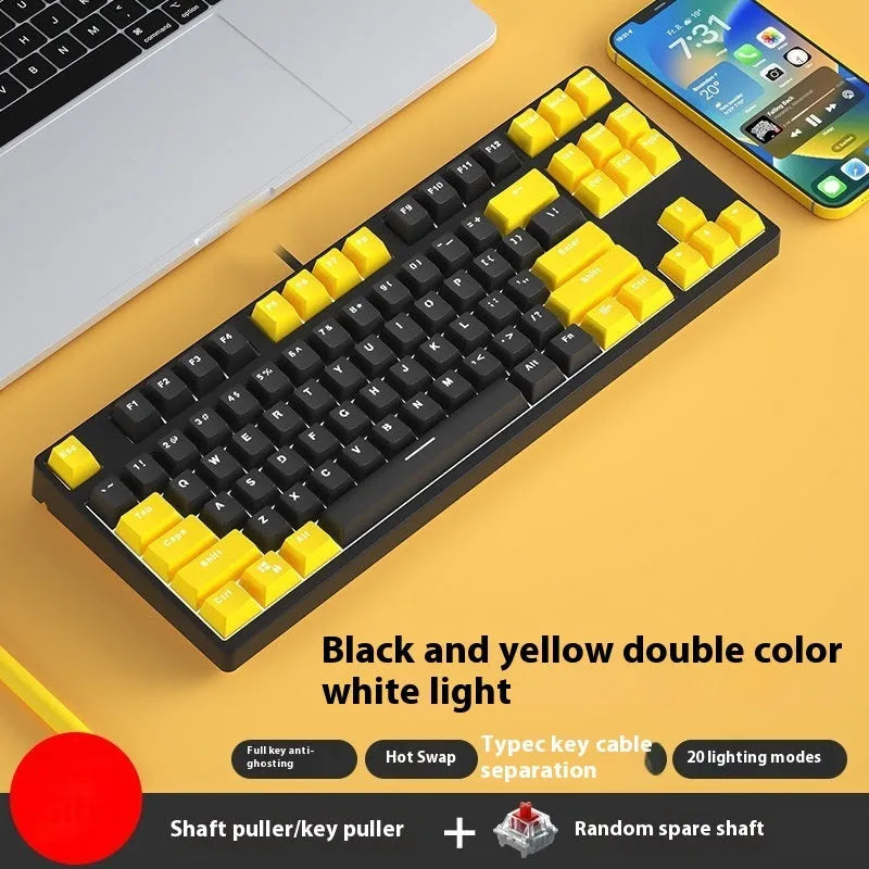87-key wired mechanical gaming keyboard with hot-swappable switches shown in a two-tone colour scheme on a metal chassis.