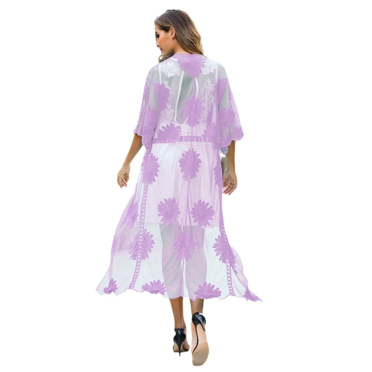 Light purple beach dress with lace embroidery cardigan style swimsuit cover-up