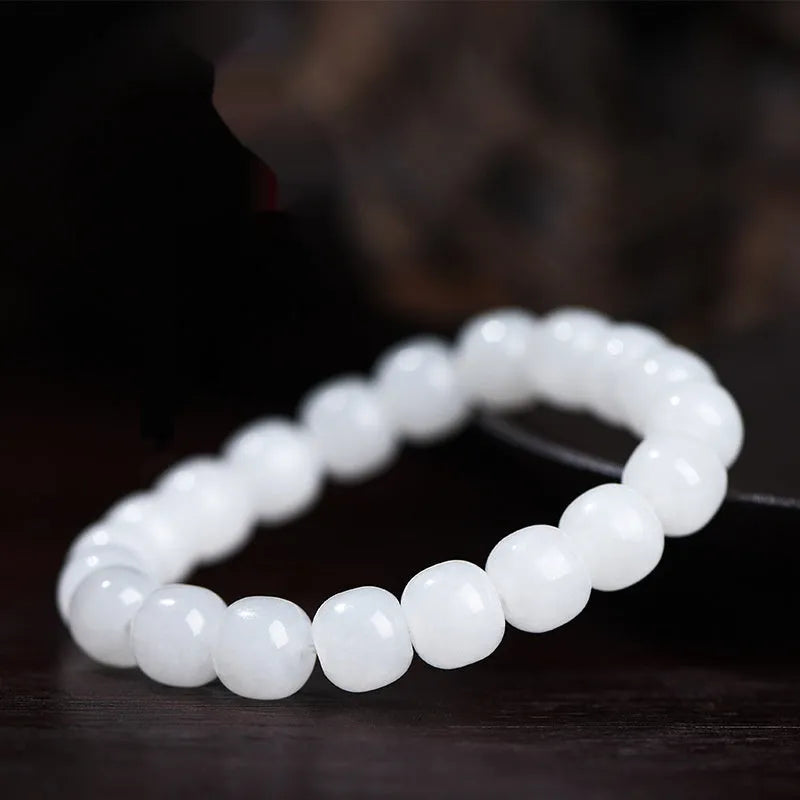 White Hetian jade barrel beads bracelet showing three size options for men and women