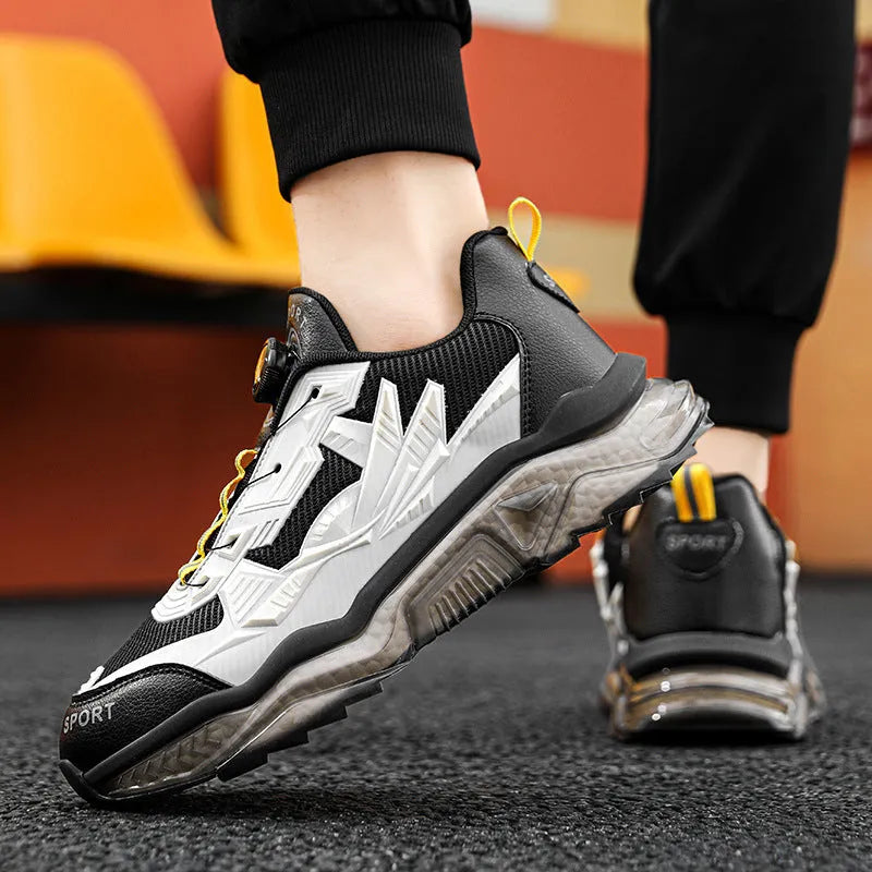 Men's black rotating button casual sneakers with mesh upper and platform sole