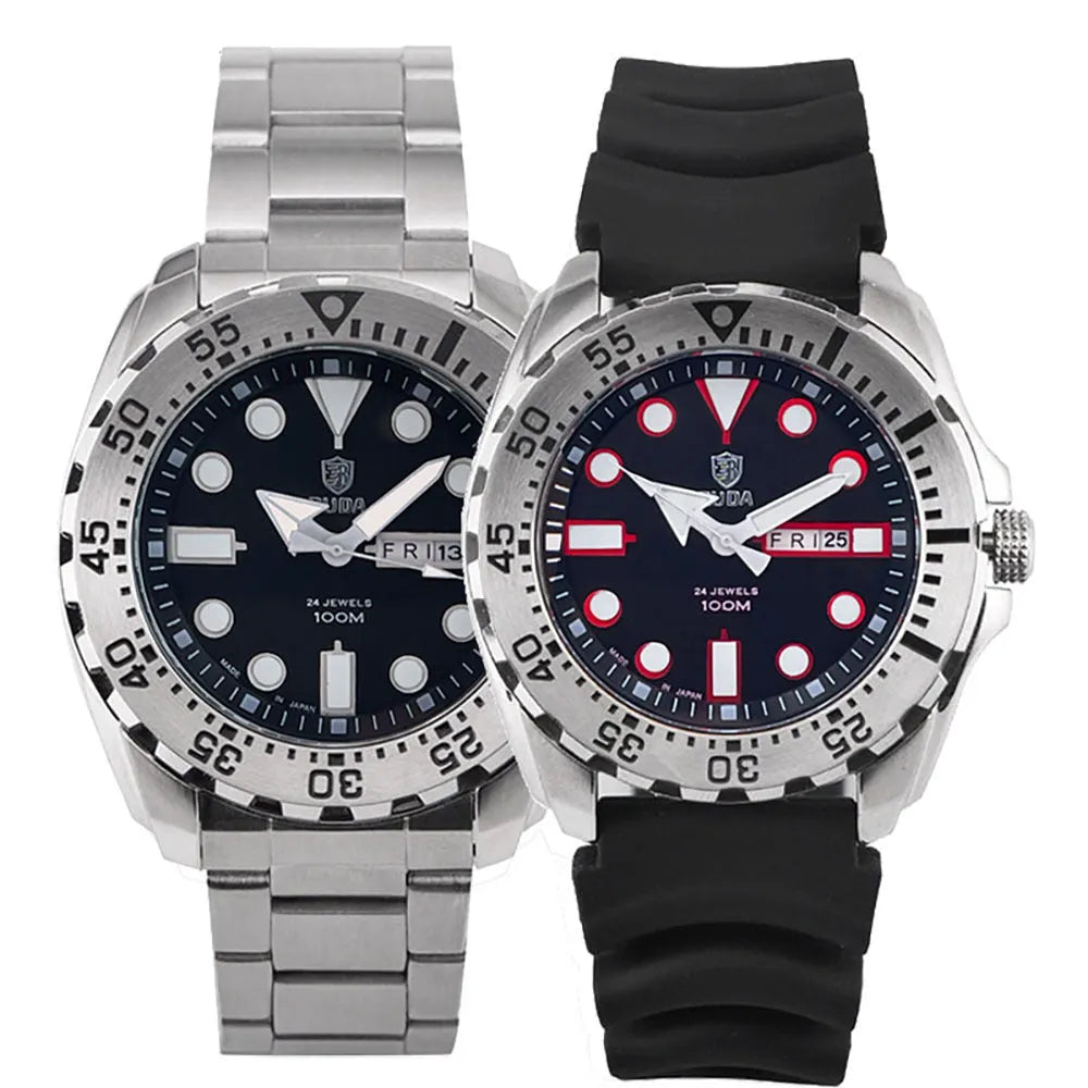 Men's waterproof quartz watch with luminous hands showing blue dial and steel bracelet option