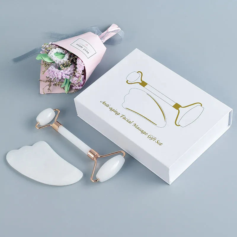 White jade double-headed roller and scraping board set for facial and body massage