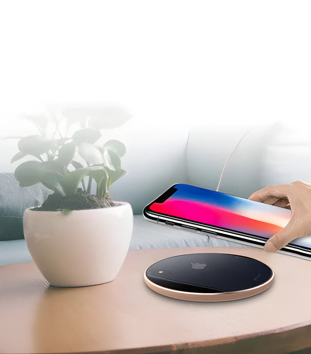 Ultra-thin aluminium wireless charger in golden finish showing LED indicator and Micro USB port