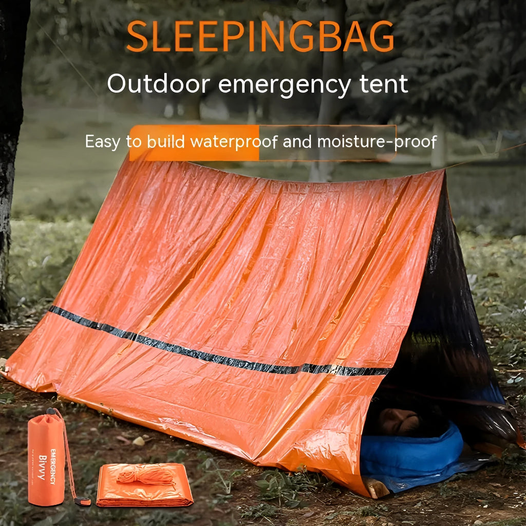 Orange portable disaster relief tent kit with sleeping bag, raincoat, and emergency blanket packed together.