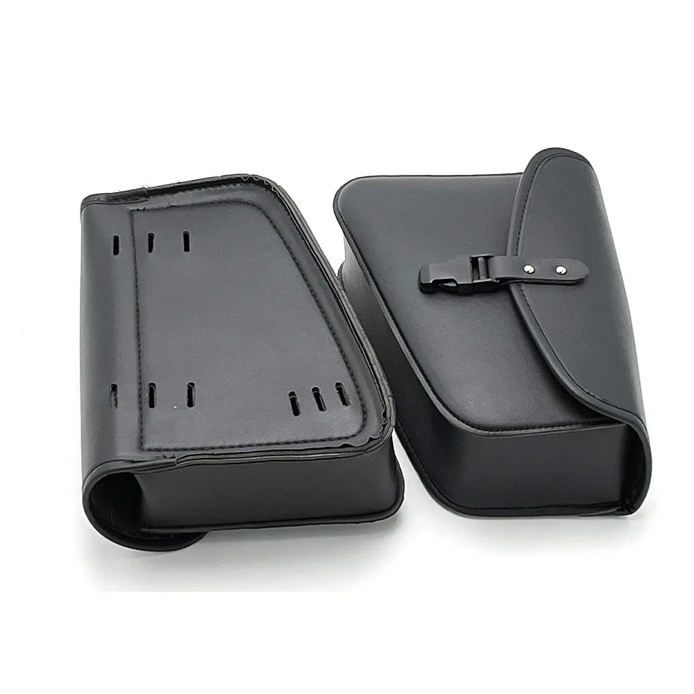 Black motorcycle swingarm saddlebag mounted on Harley-Davidson Sportster side