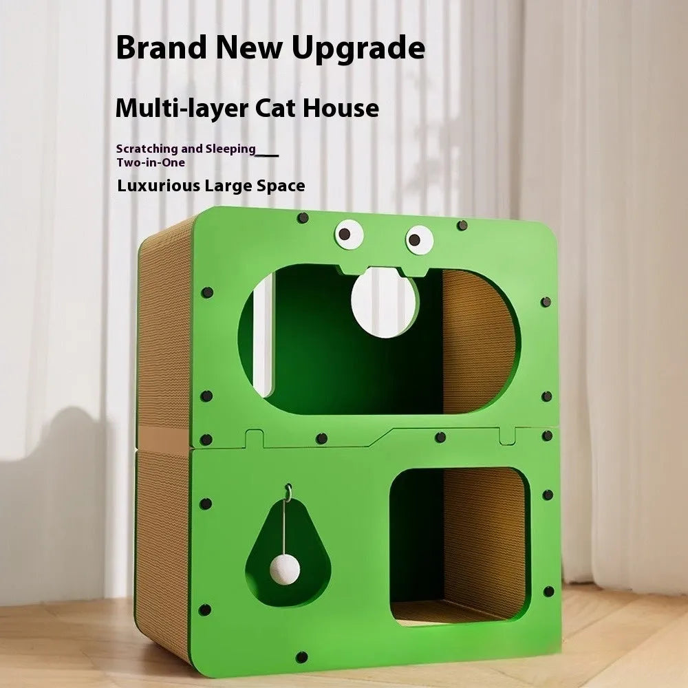 Double layer cat scratching board with attached enclosed cat nest in selected style