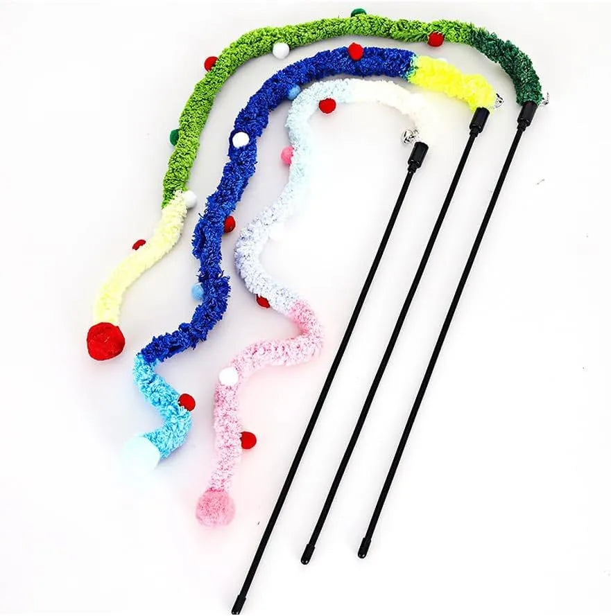 Blue interactive cat wand toy with a long plush strip, fluffy ball, and bells on a 41cm pole.