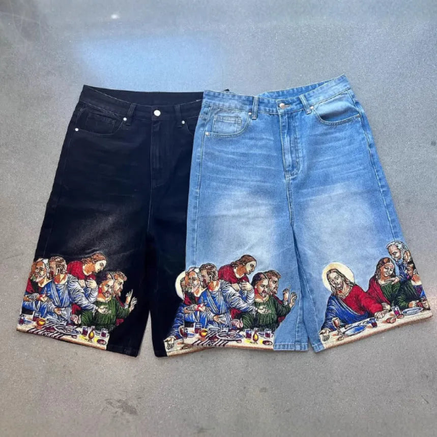 Men's blue cotton cargo shorts with Jesus print on back pocket showing tapered fit