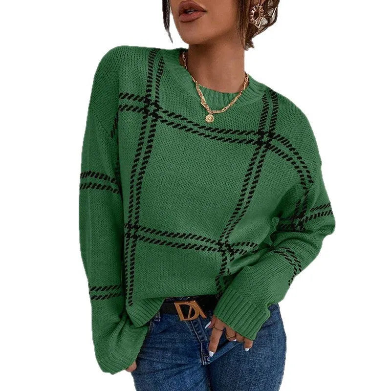 Women's loose plaid colour-block acrylic sweater in apricot, black, beige, red, and green stripes