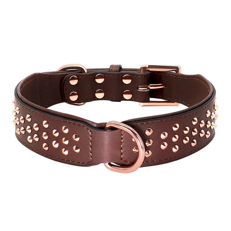 Leather dog collar with metal anti-bite rivets in black, chocolate, or pink colour options.