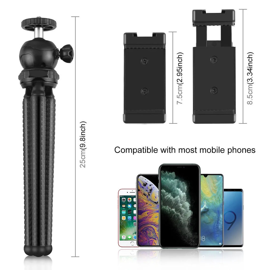 Black octopus tripod kit with flexible legs, integrated fill light, and microphone for iPhone live streaming.