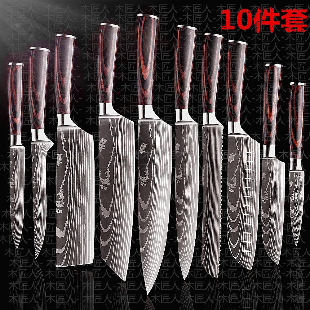 Kitchen chef knife with laser Damascus pattern on 7CR17 stainless steel blade and colour steel handle