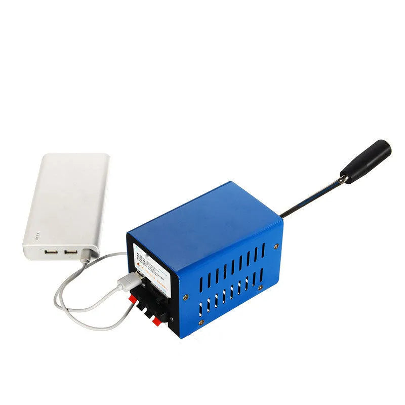 Blue metal USB hand crank emergency power generator with multiple voltage outputs