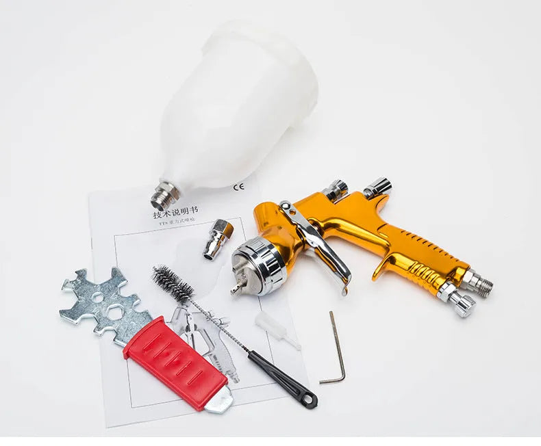 Gold aluminium alloy HVLP paint spray gun with 600cc plastic gravity cup and 1.3mm nozzle