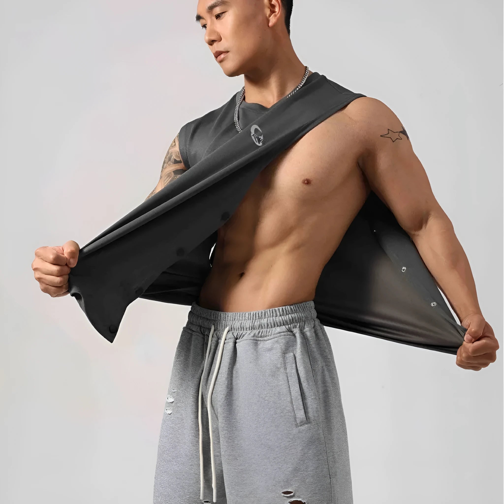 Korean style men's loose cotton fitness vest with hidden hook side openings for adjustable fit during workouts