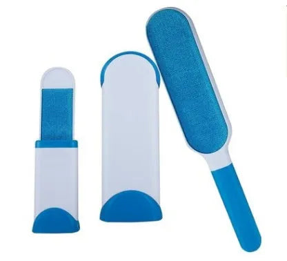 Blue reusable pet hair removal brush with self-cleaning base for sofas and upholstery.