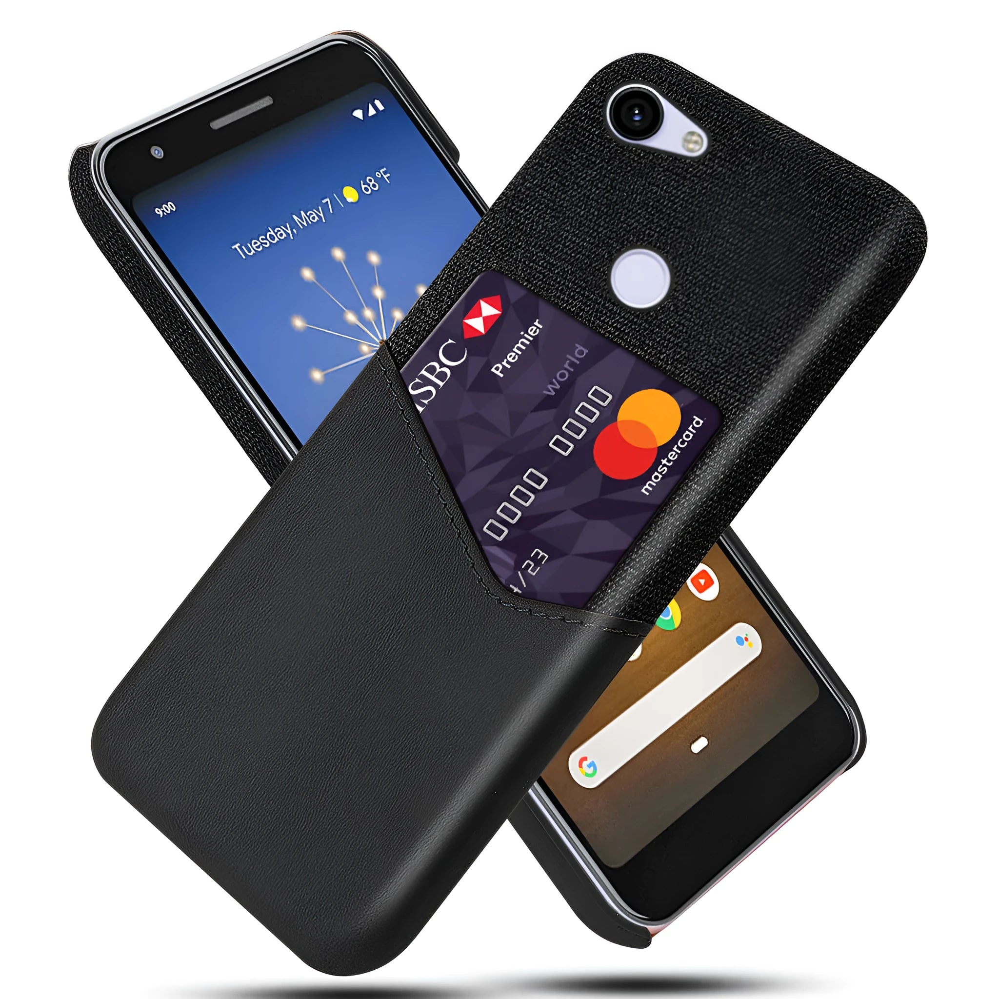 A solid-colour leather back cover case for a Google Pixel smartphone on a table.