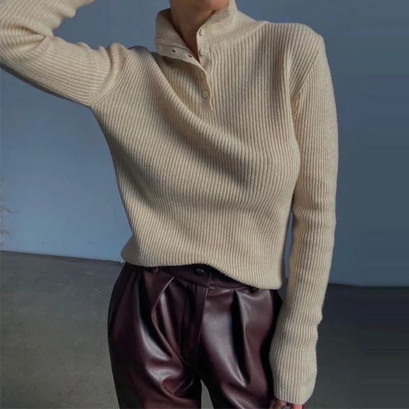 Slim fit half turtleneck pullover sweater in core-spun yarn fabric with single-breasted placket