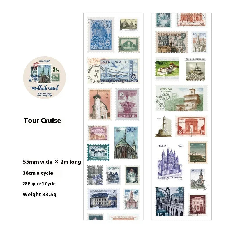 Roll of retro-patterned coated paper stamp for journal decoration, showing butterfly, forest, bird and mushroom design options.
