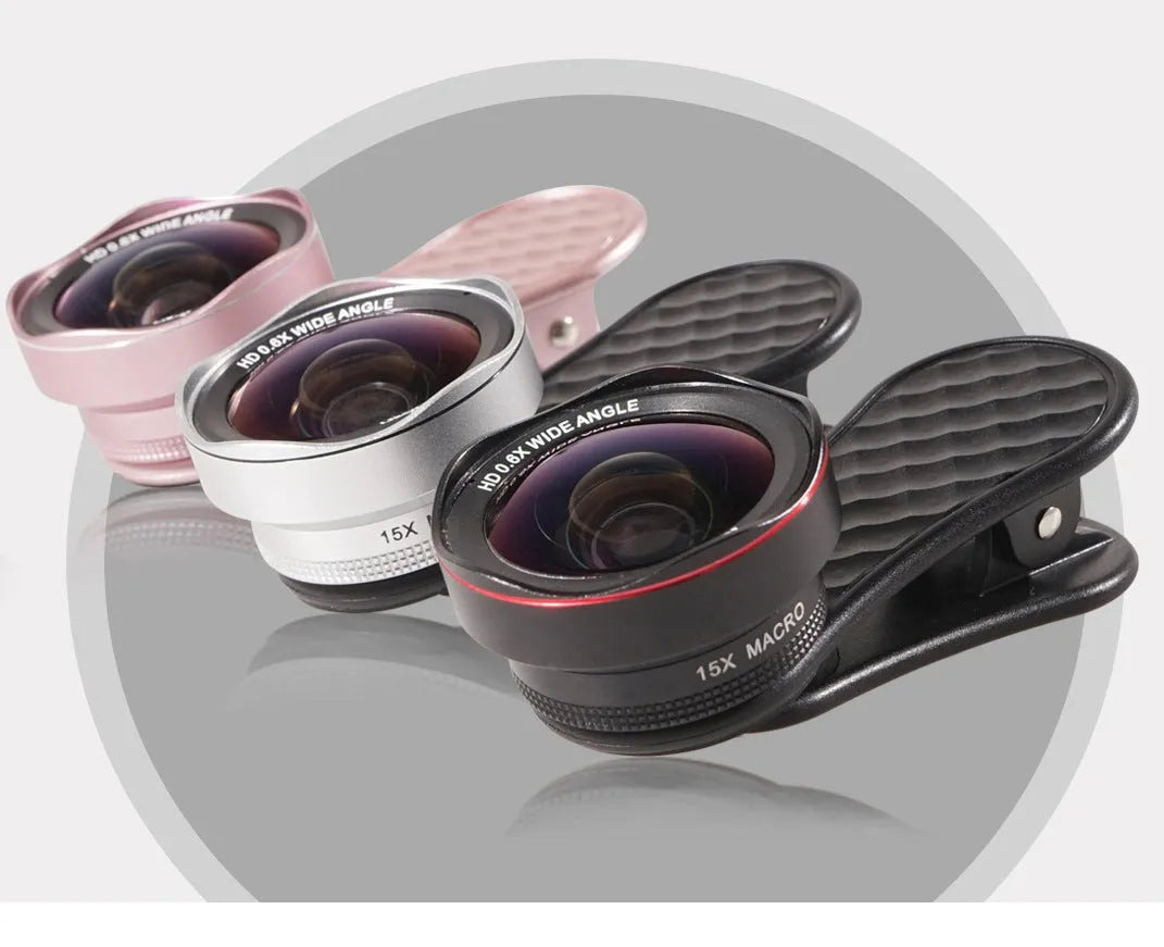 Black mobile phone wide-angle and macro lens kit with storage box and clip for smartphone photography