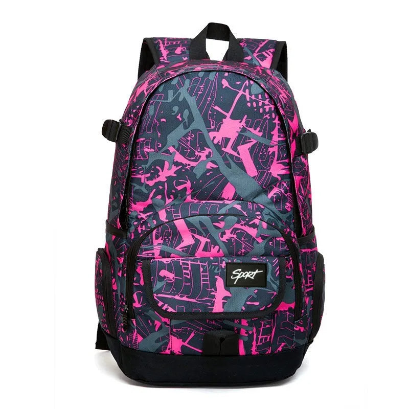 Blue large nylon backpack with adjustable straps on a plain background.
