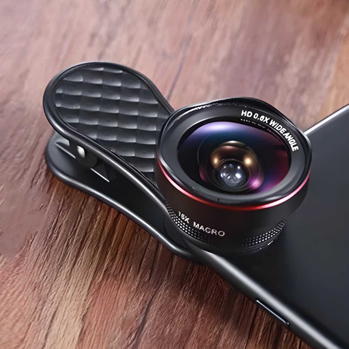 Black mobile phone wide-angle and macro lens kit with storage box and clip for smartphone photography