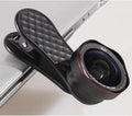 Black mobile phone wide-angle and macro lens kit with storage box and clip for smartphone photography