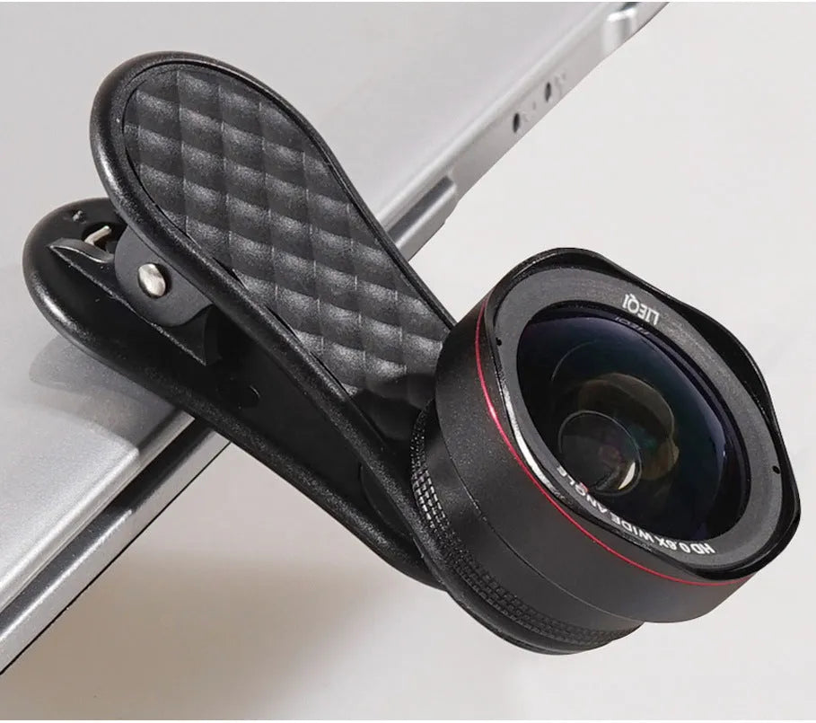 Black mobile phone wide-angle and macro lens kit with storage box and clip for smartphone photography
