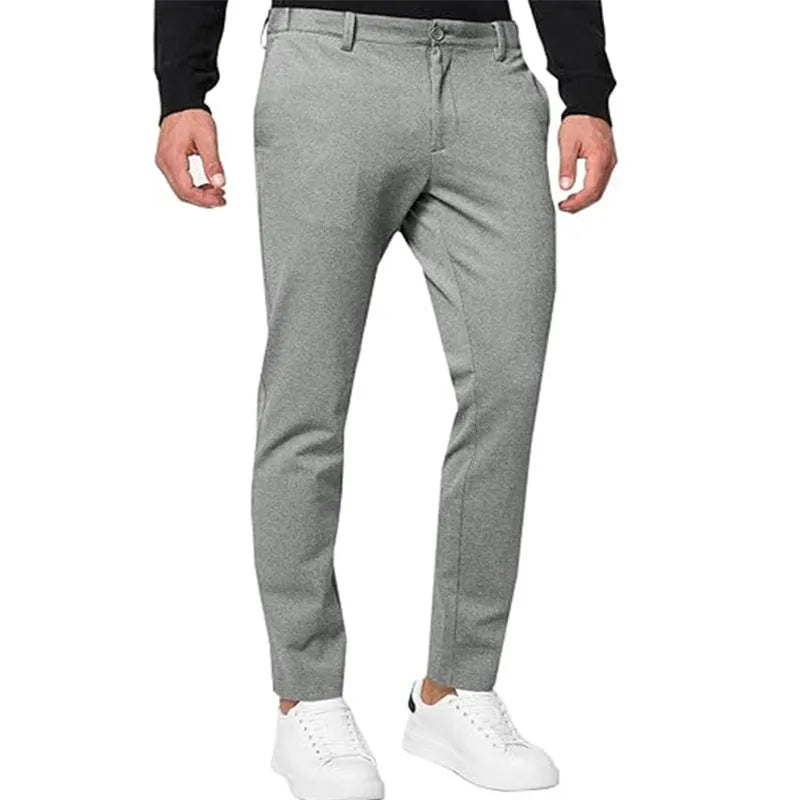 Men's slim-fit tapered chino trousers in cotton blend fabric showing five colour options