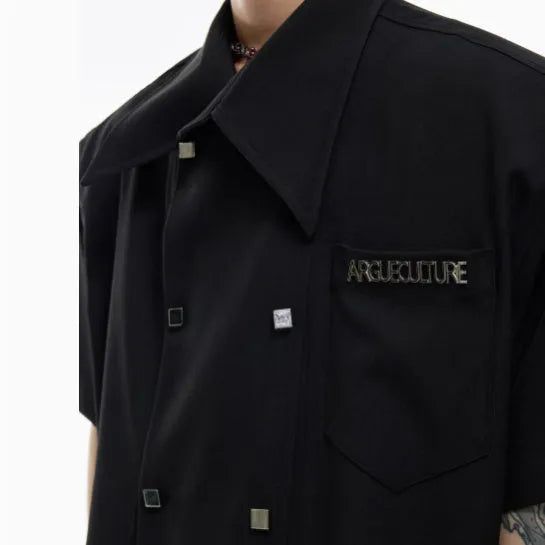 Men's loose-fit casual summer shirt with spliced design details and lapel collar